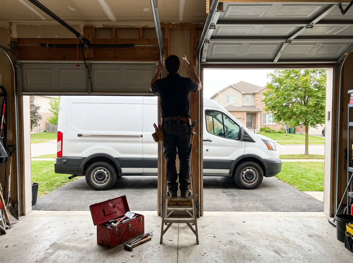 Garage door technician on a step ladder adjusting a door track, work van parked in the driveway