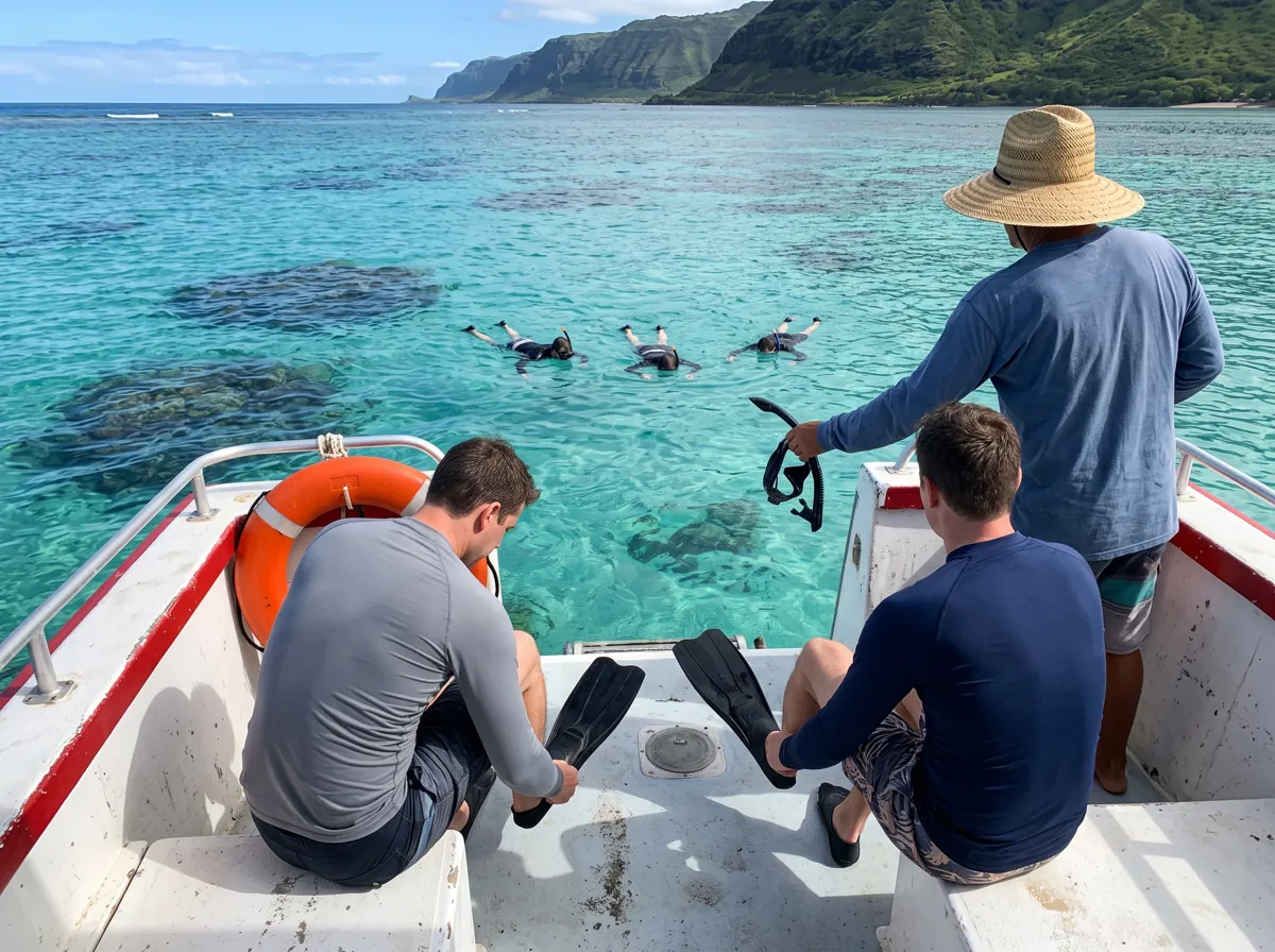 Snorkel tour guests pulling on fins at the back of a boat while a crew member hands over a mask