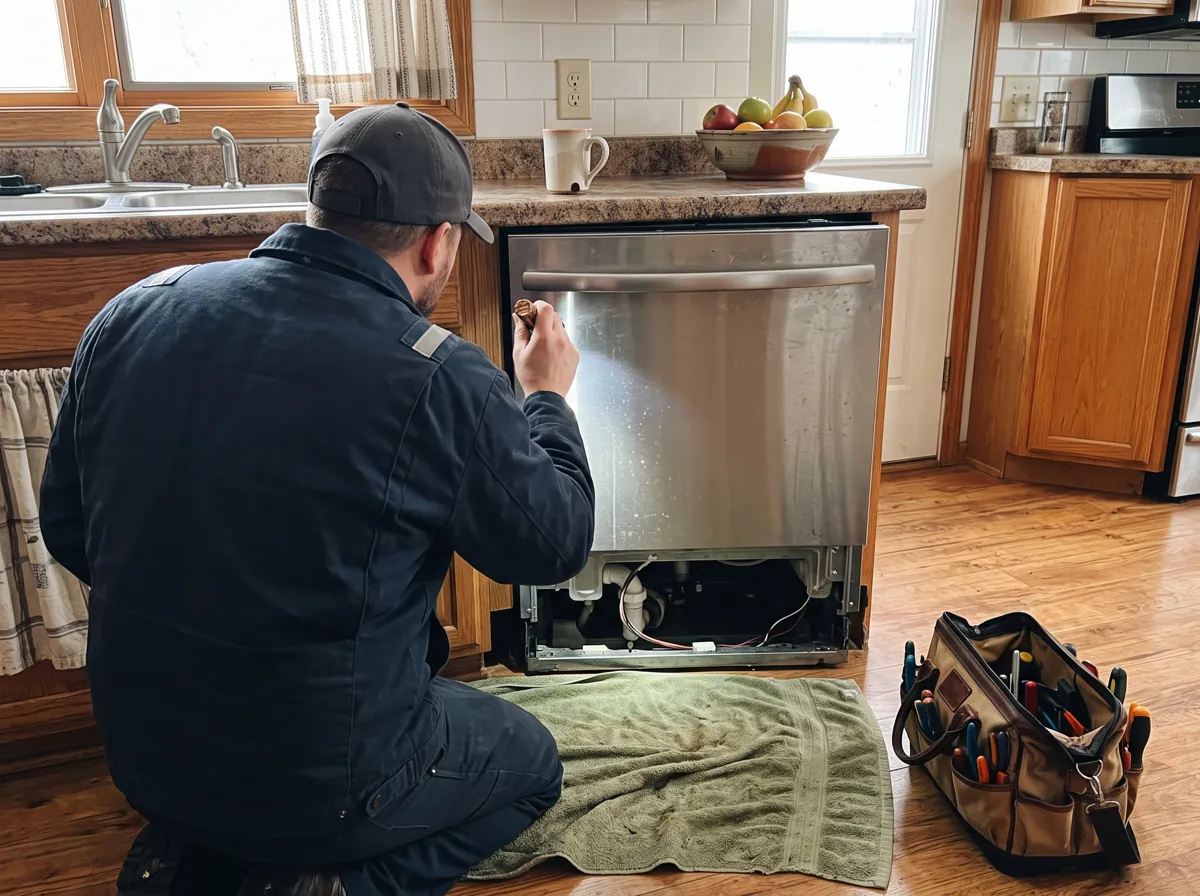 Appliance technician kneeling at a dishwasher with its lower panel removed in a home kitchen