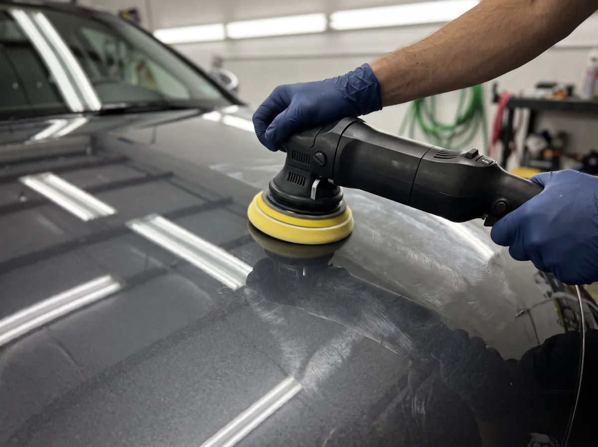 Gloved hands running a machine polisher over a dark car hood, half mirror-bright