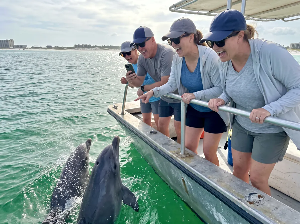 Guests at a boat rail laughing and pointing as two dolphins surface right beside the boat