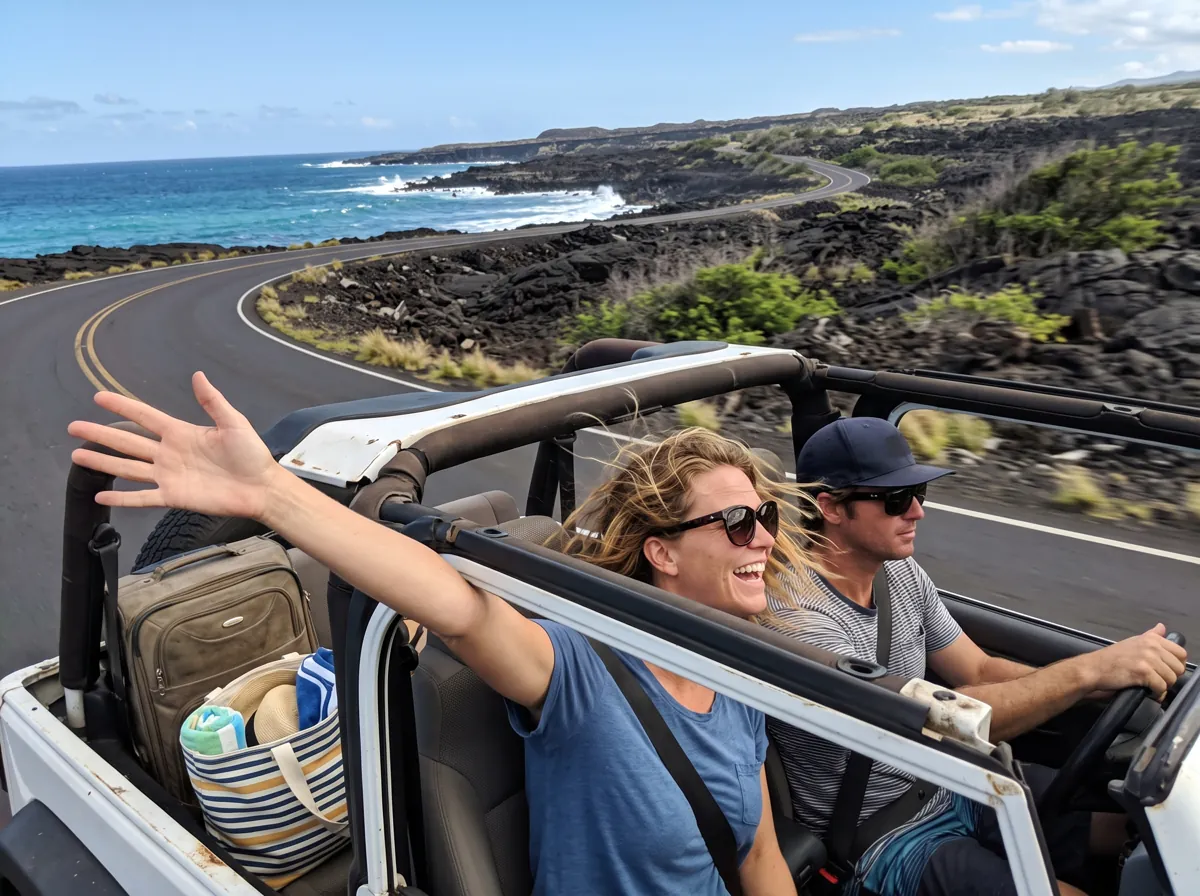 Couple laughing in an open-top rental jeep on a coastal lava-field highway in Hawaii
