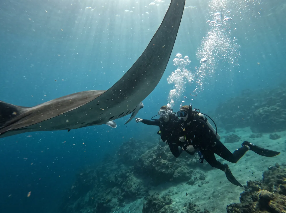 Two scuba divers pointing as a giant manta ray glides past them underwater