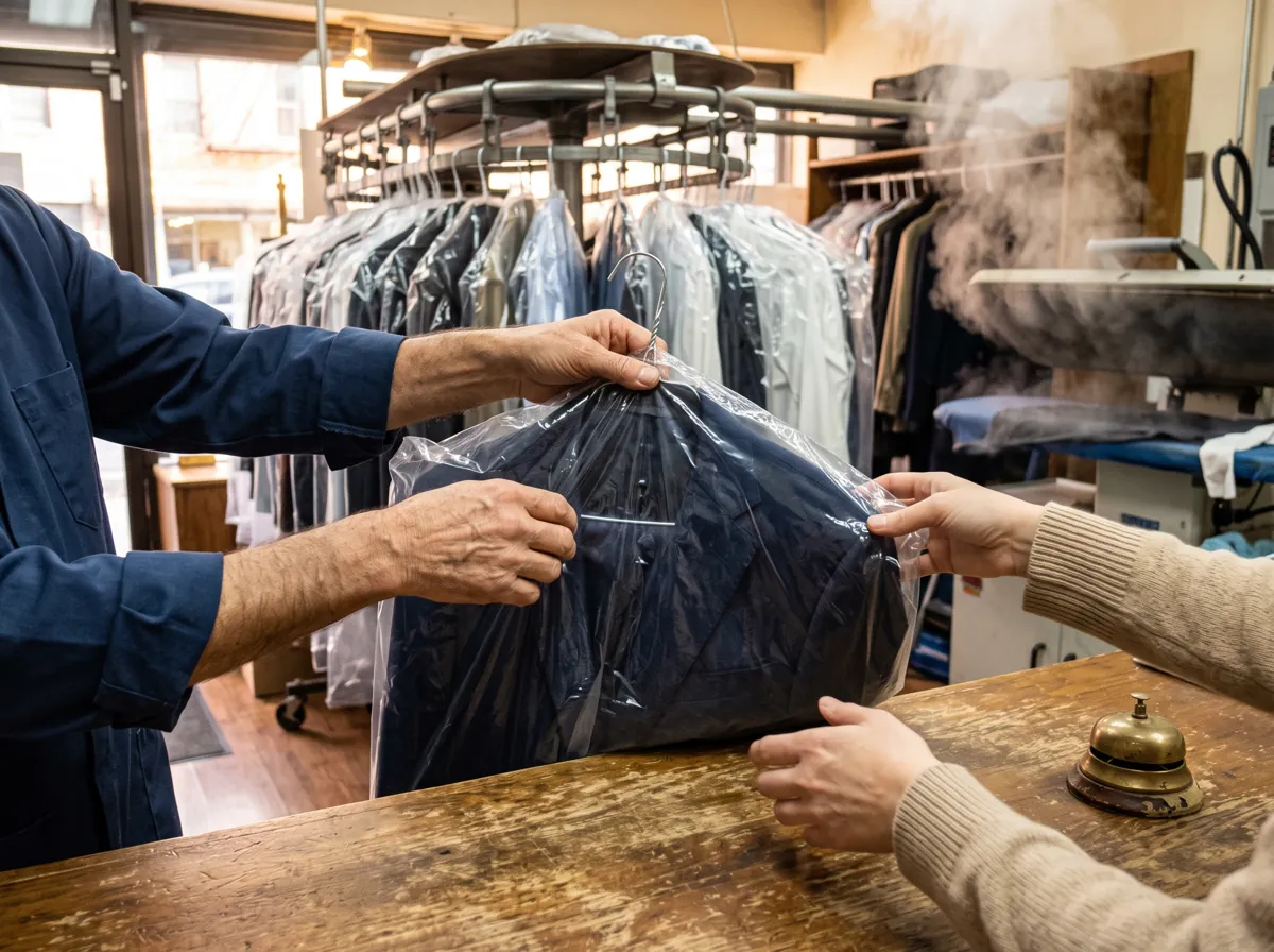 A pressed suit in a clear bag being handed across a dry cleaner counter