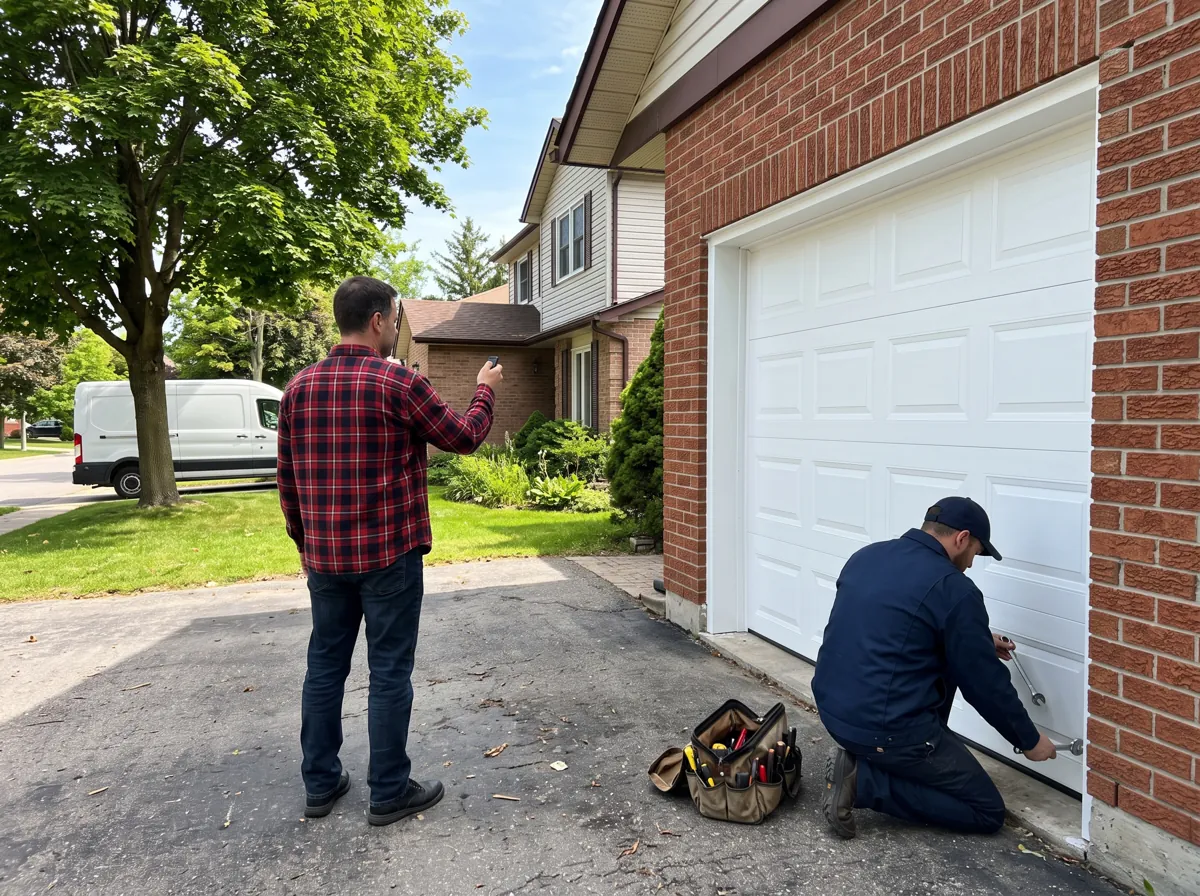 Technician adjusting a new white garage door while the homeowner tests the remote