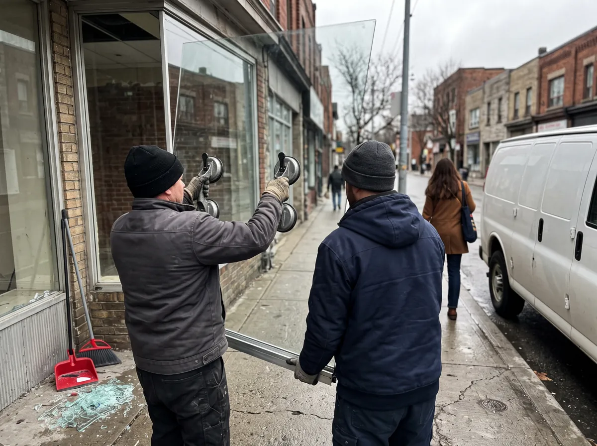 Two glass technicians lifting a new pane into a shop front on a city street