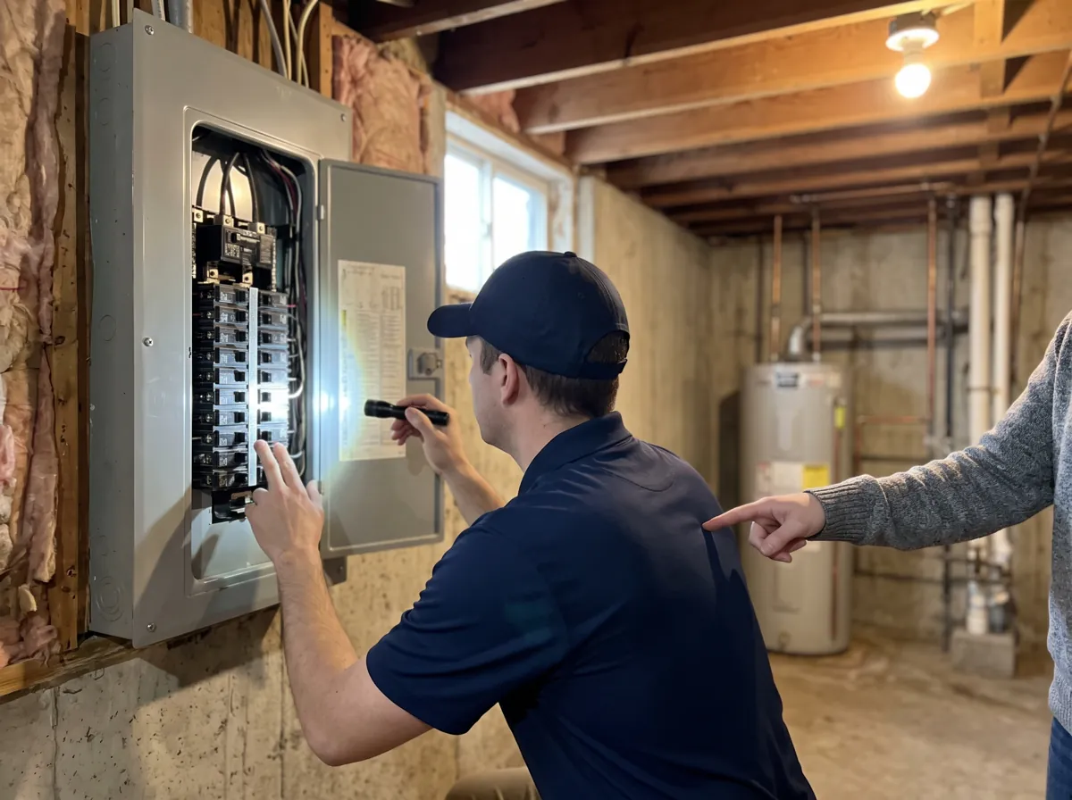 Home inspector shining a flashlight into an open electrical panel as a buyer points at a breaker