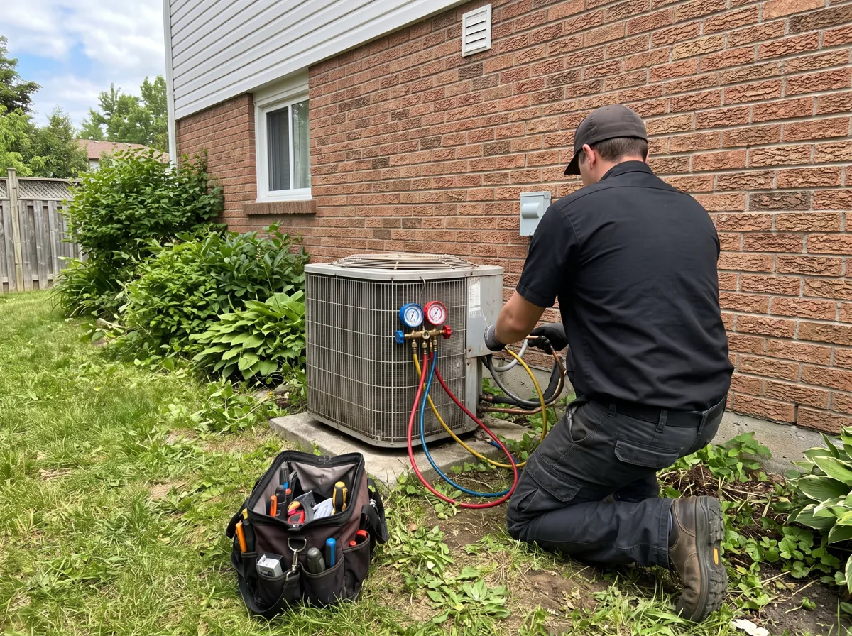 HVAC technician kneeling beside an outdoor air conditioner unit with pressure gauges connected