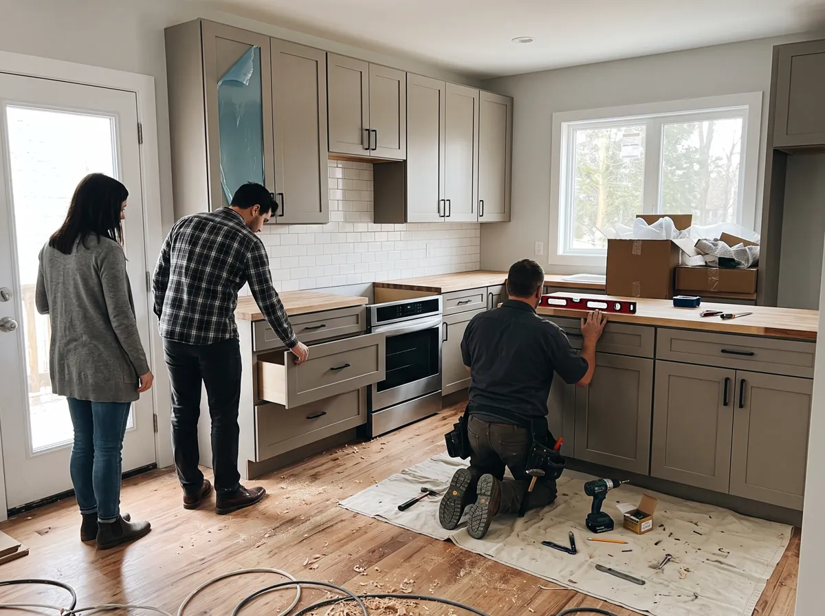 Installer levelling new grey shaker cabinets while the homeowners open a new drawer