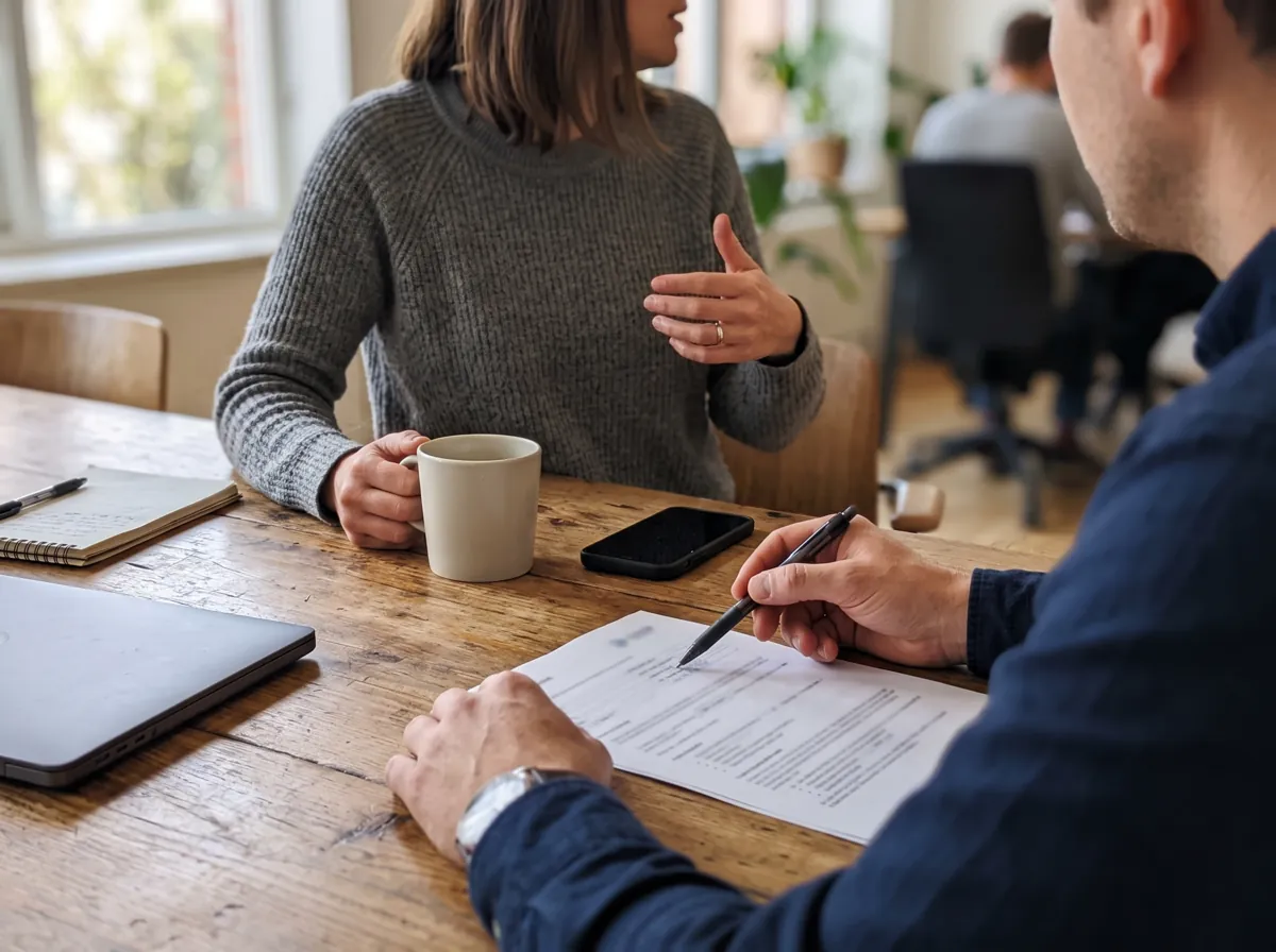 Consultant pointing a pen at a document while a client asks a question over coffee