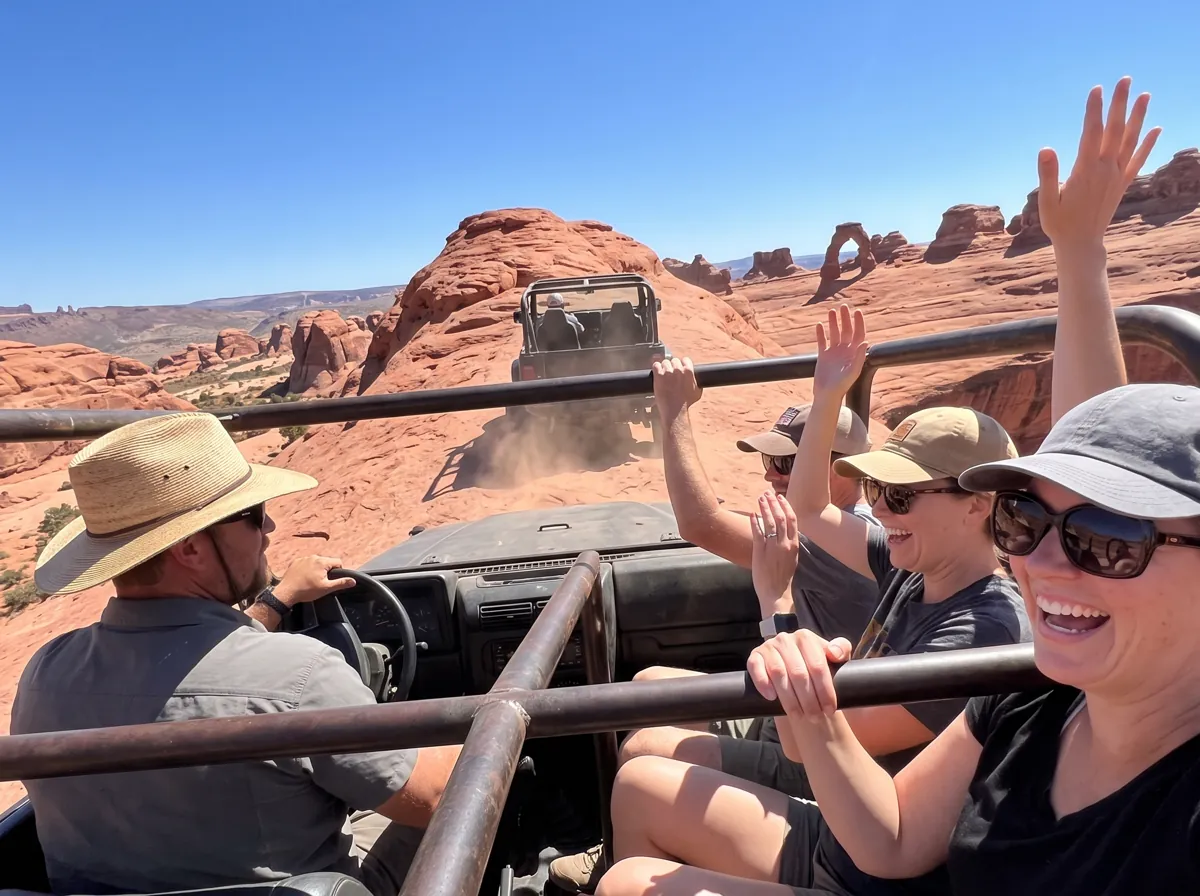 Guests throwing their hands up laughing in an open off-road tour vehicle on red slickrock near Moab