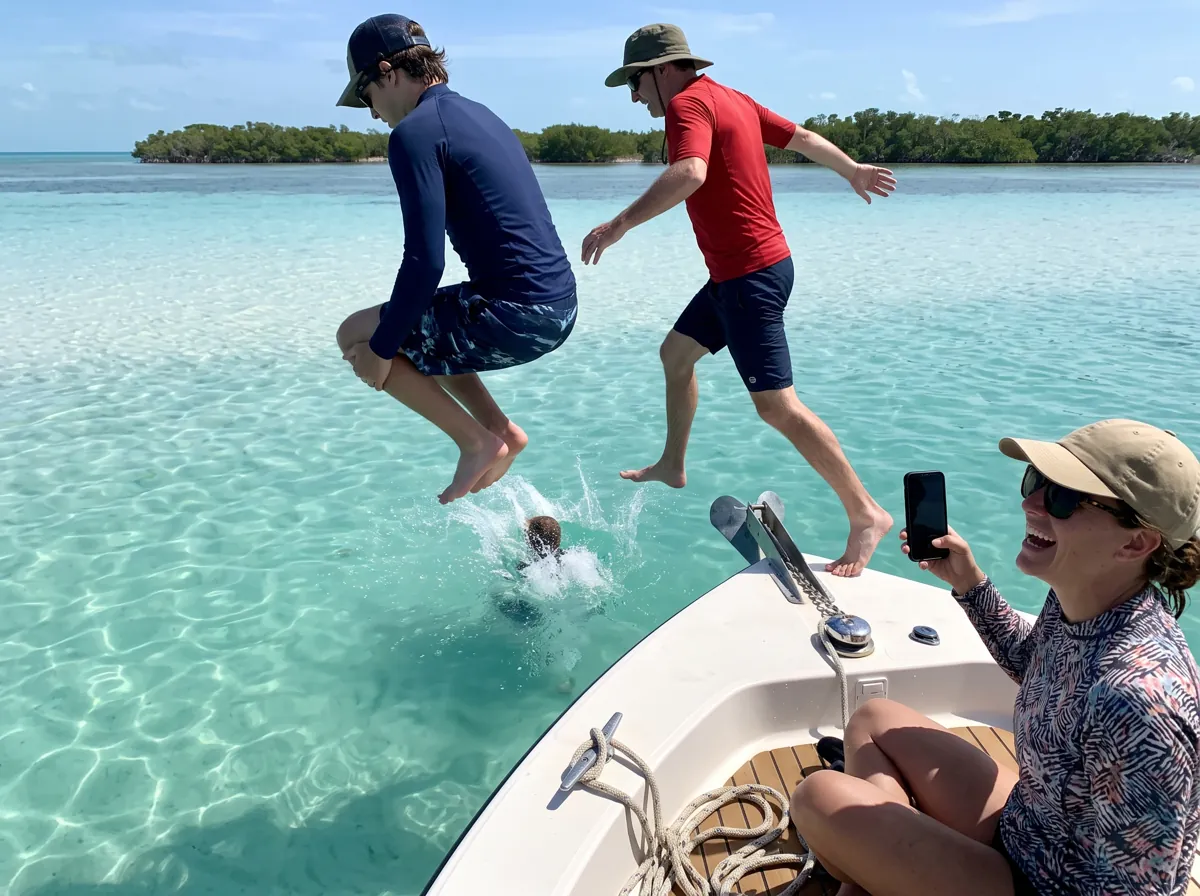 Friends leaping off the bow of a private charter boat into clear turquoise water on a sandbar