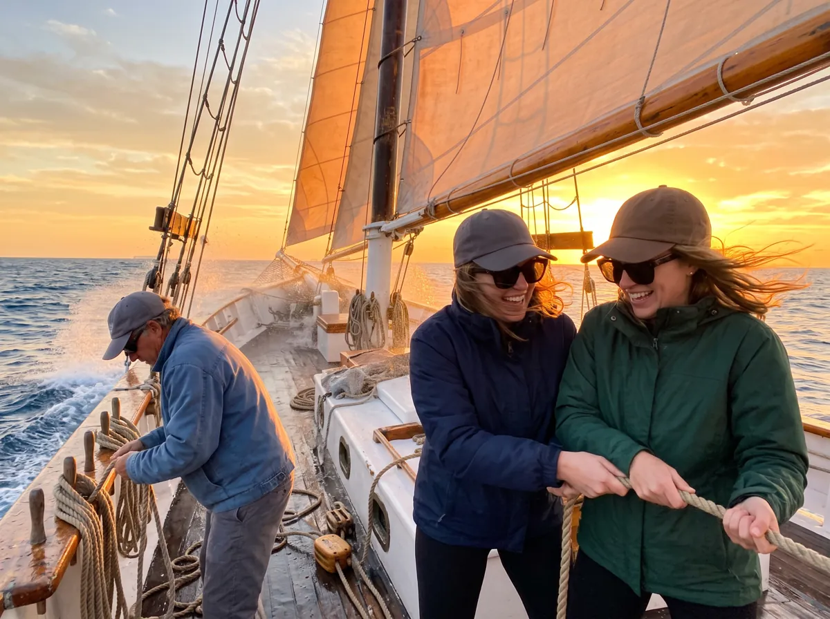 Two guests laughing as they haul a line on a schooner under full sail at sunset