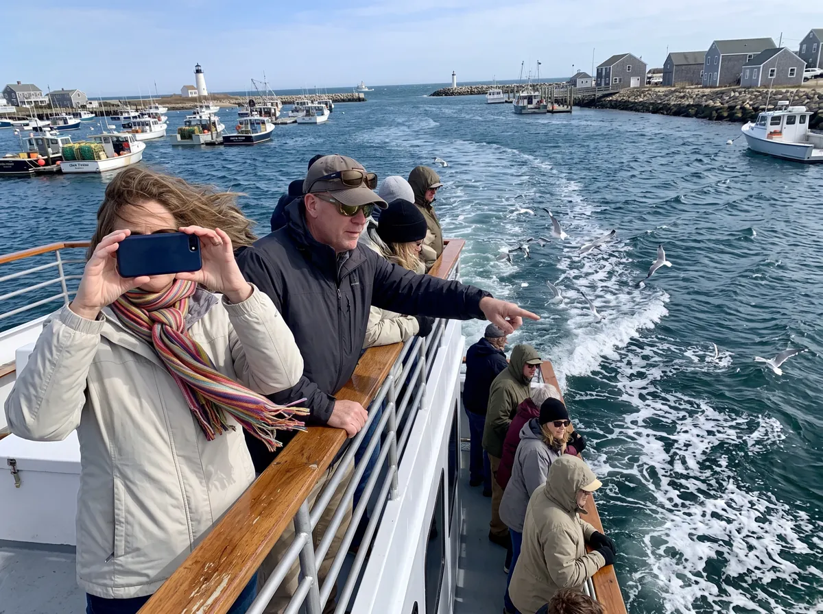 Passengers on a harbor cruise deck photographing a lighthouse as gulls follow the boat