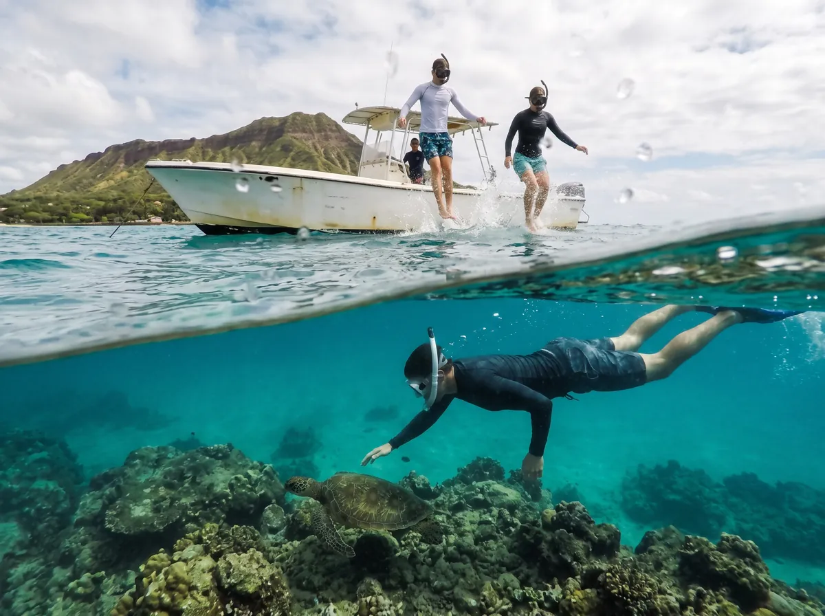 Snorkeler reaching toward a green sea turtle over a reef while two guests jump off a tour boat above the waterline